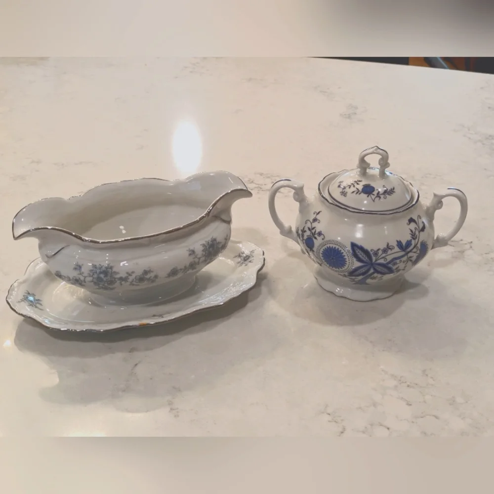 Set of 2 Vintage Porcelain Sone China Flora Covered Sugar Bowl and Gravy Winter